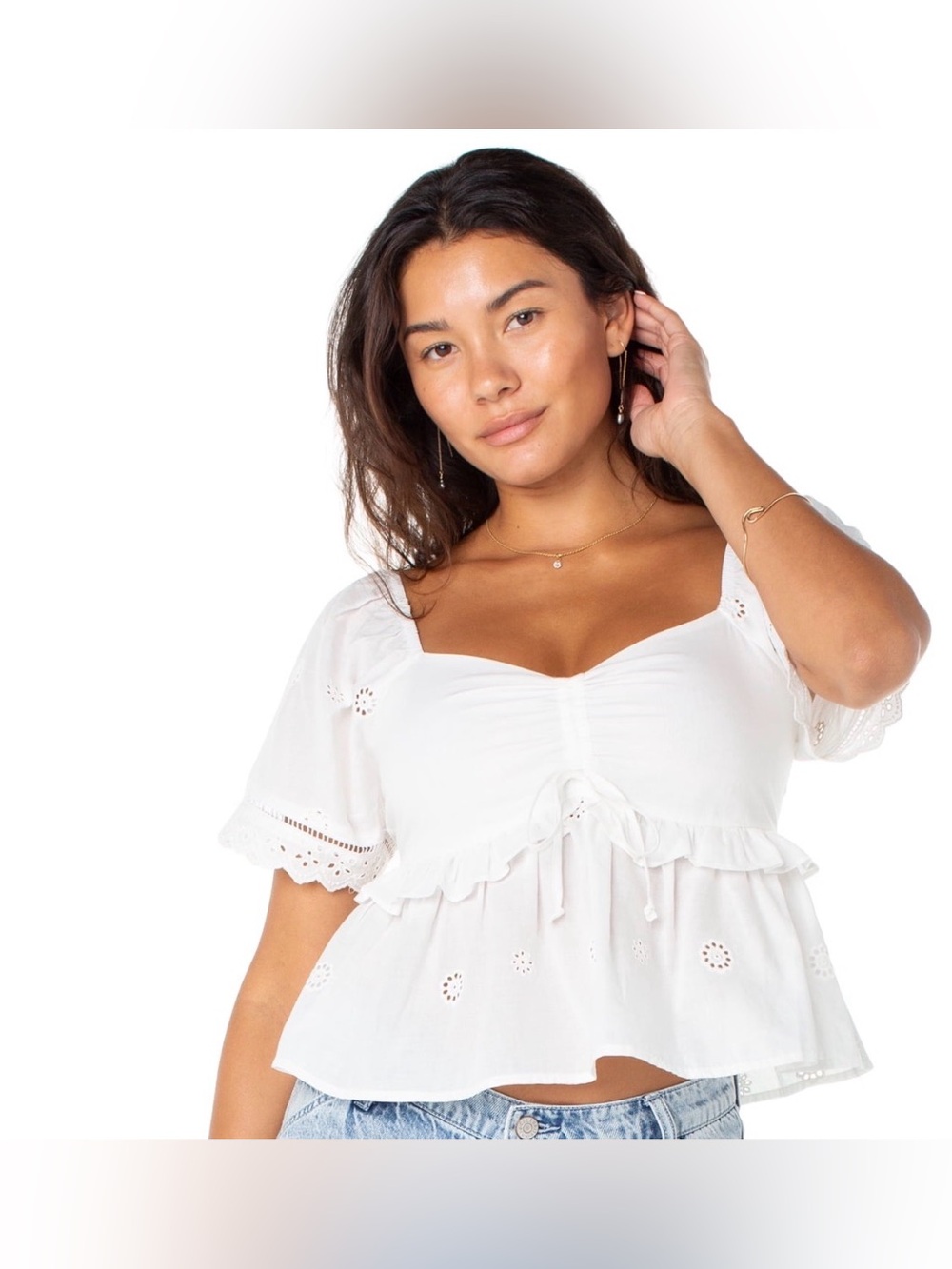 (479)Celebrity Pink Women's Embroidered Eyelet Peplum Top
